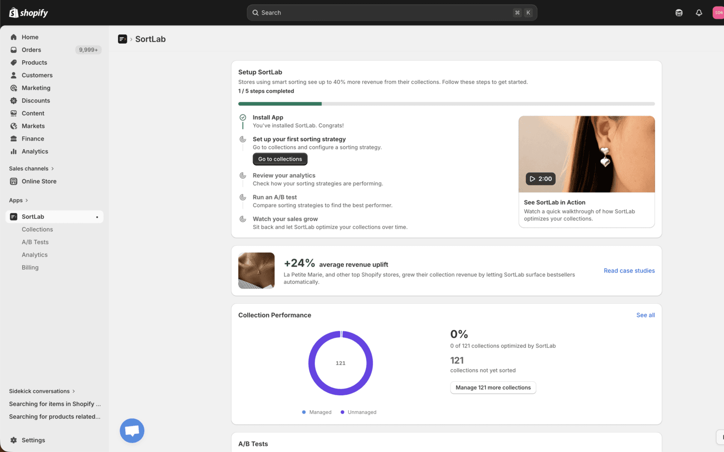 SortLab dashboard after installation
