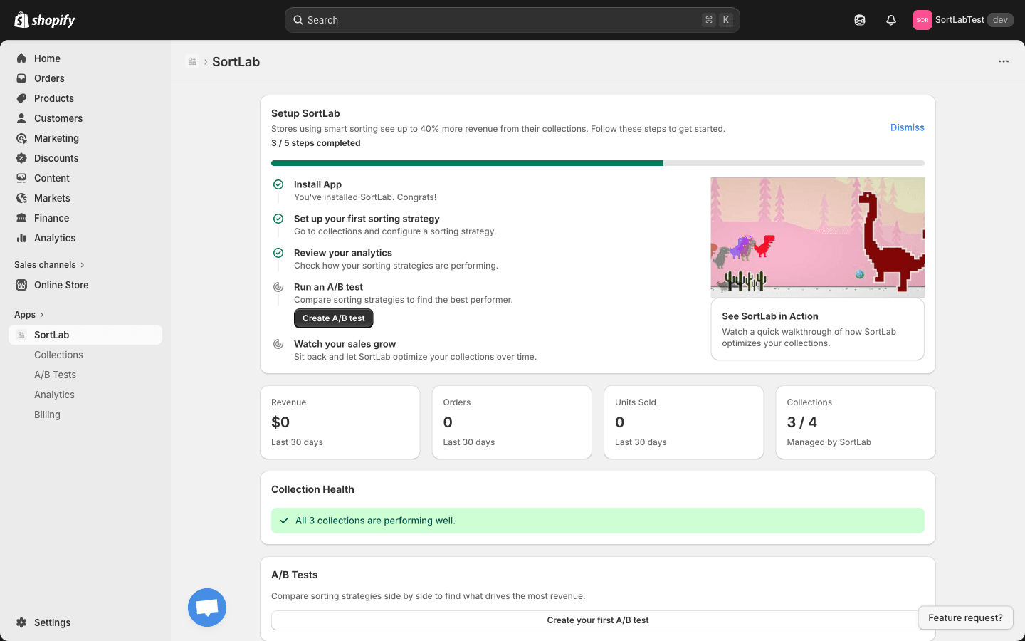 SortLab dashboard after installation