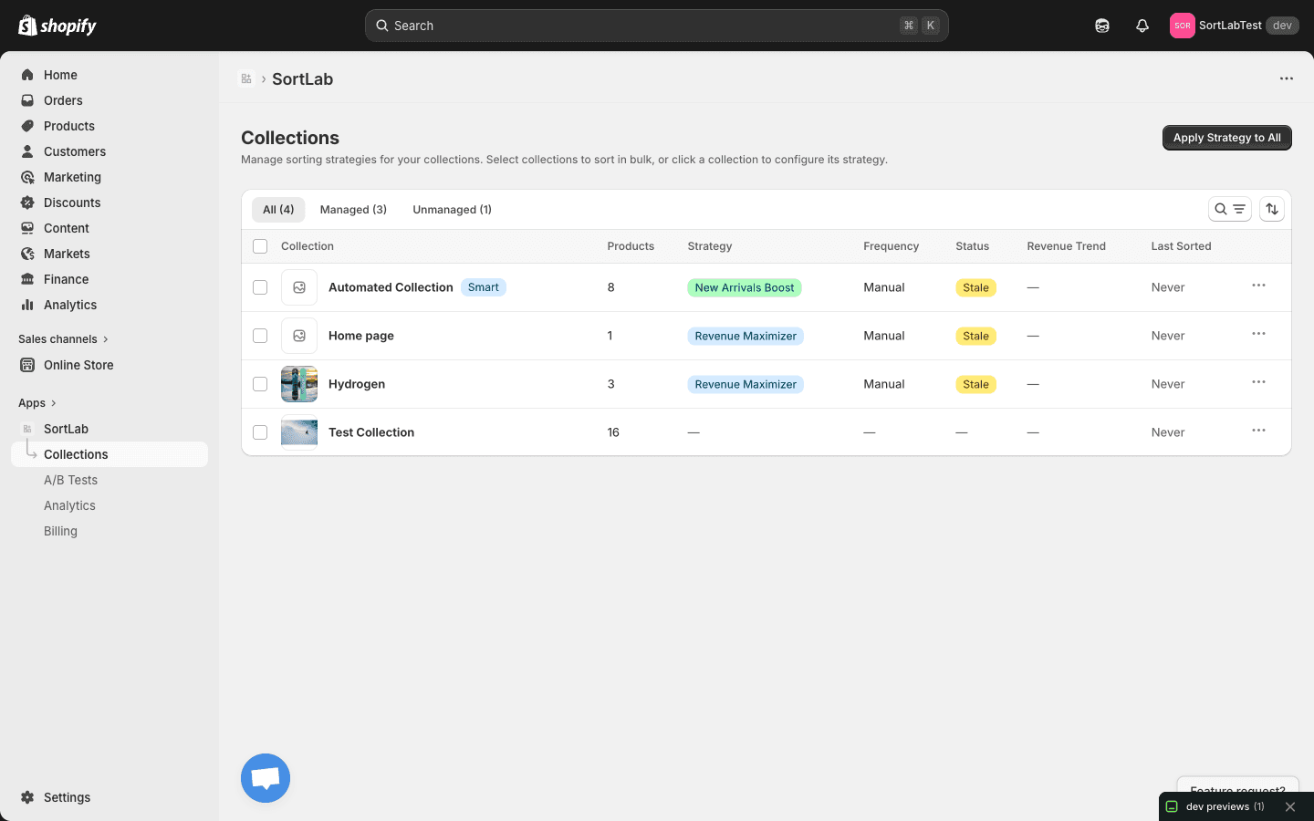 SortLab Collections page