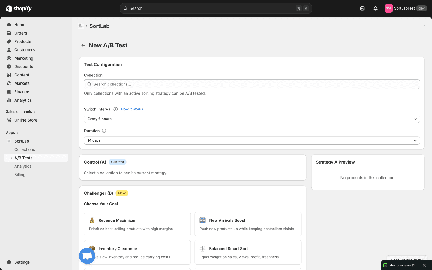 A/B Test creation page
