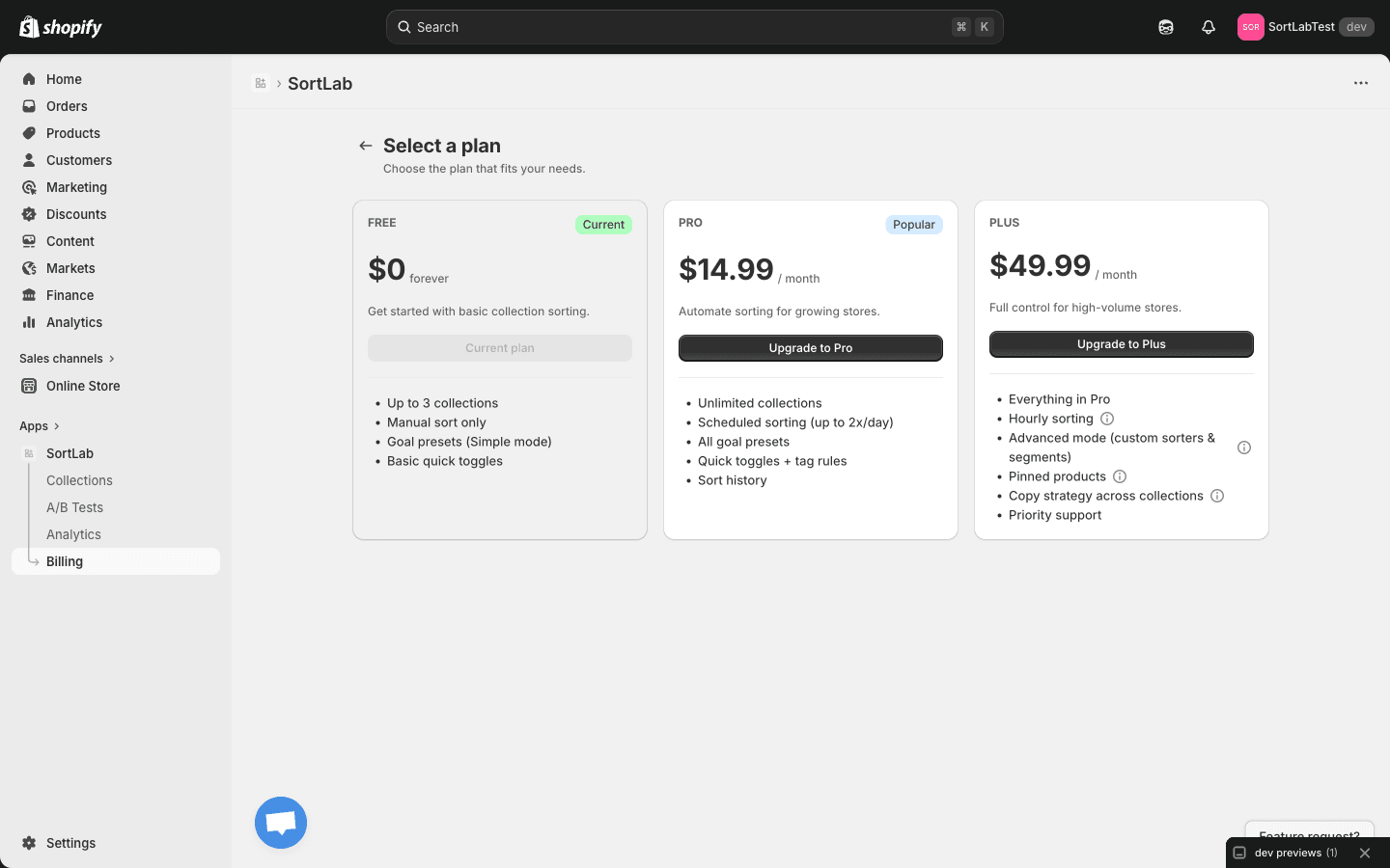 SortLab plan selection